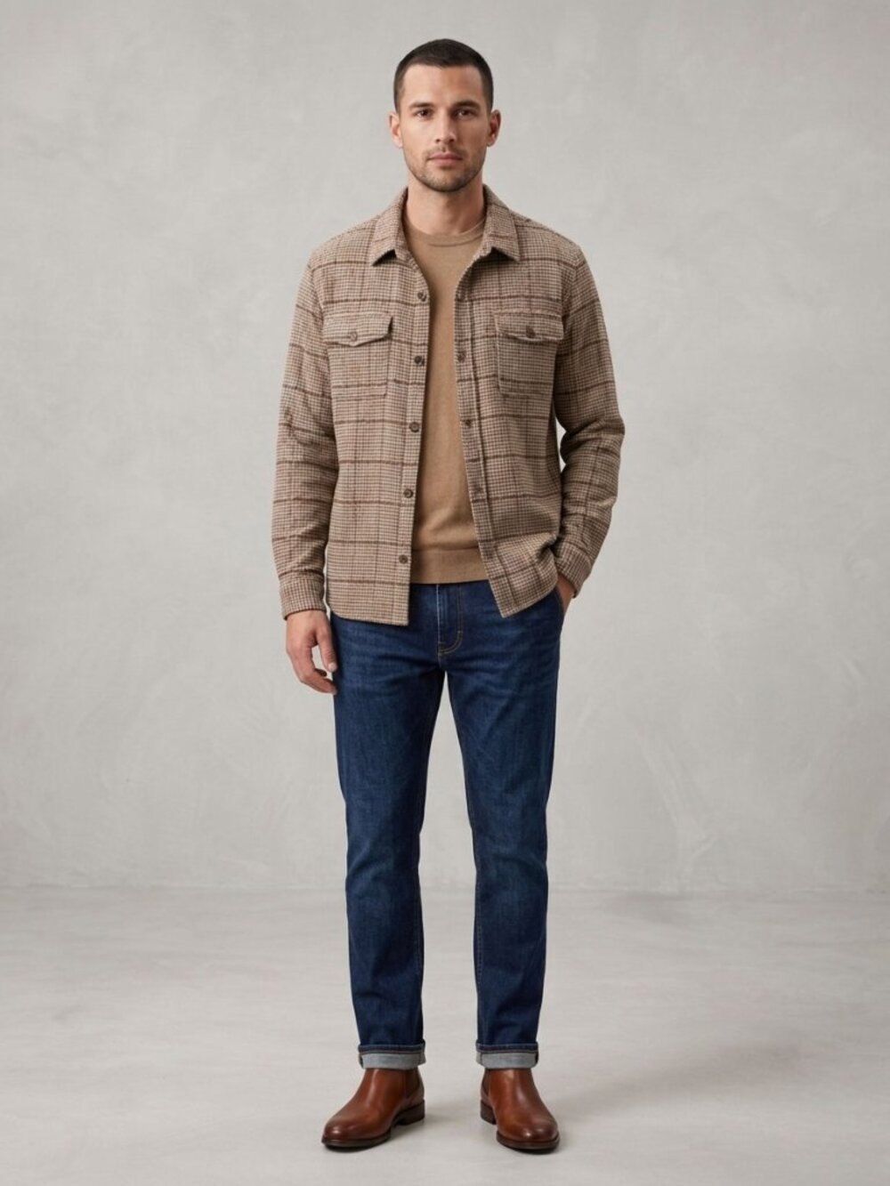 Magaschoni Wool Blend Flannel Shirt Mens XXL Brown Cream Houndstooth Shacket